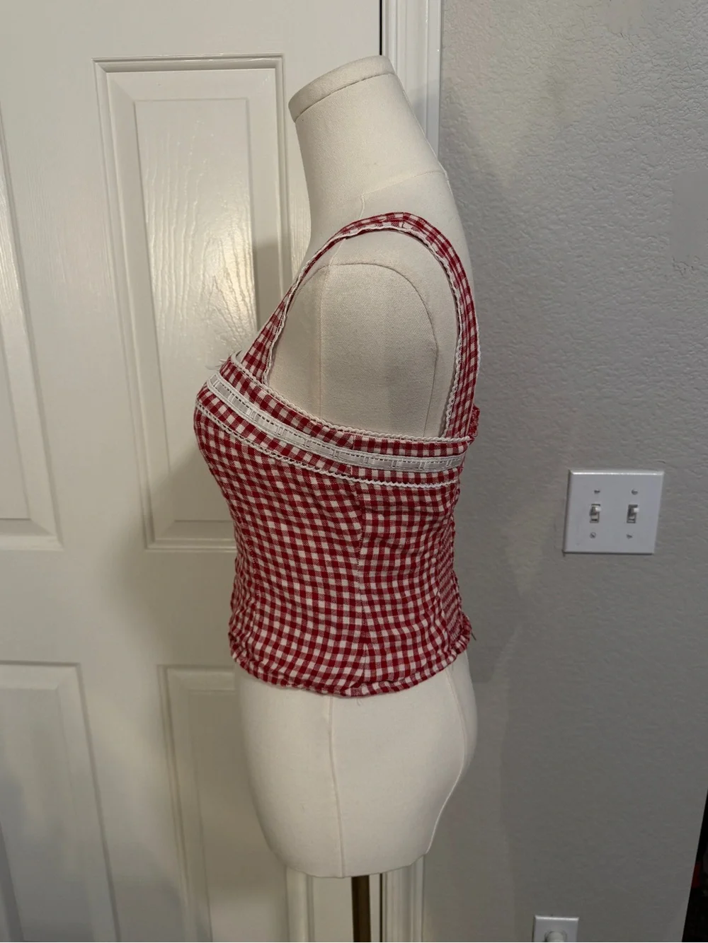 Reformation Red Gingham Lace-Trim Square Neck Crop Top - Picture 3 of 5